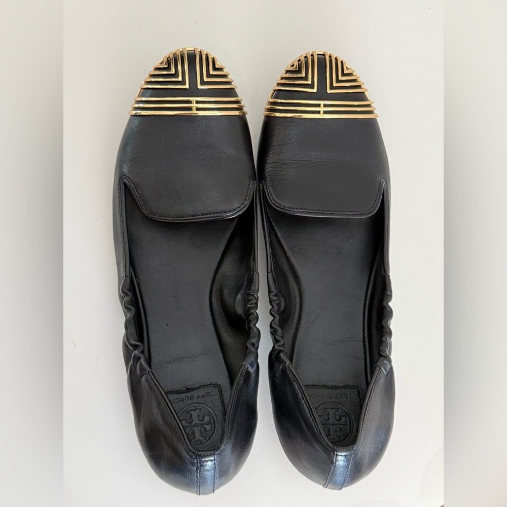 Tory Burch Charlee Women's 100%Calf Leather Ballet Flats Gold Toe Black US 9 - Picture 2 of 9